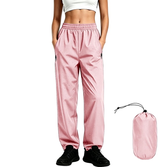 hoksml Women's Splash-Resistant Packable Pants Elastic Waist Straight Leg Rain Trousers with Zipper Pockets for Hiking Outdoor Travel