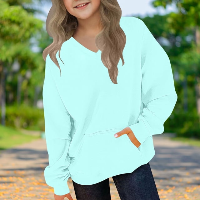 Blusas y camisas de manga larga con cuello redondo para niños y niñas, sudaderas casuales de manga larga, lindas sudaderas de gran tamaño con bolsillo de polar, chaquetas para niñas