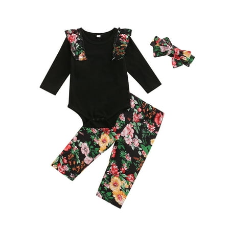

Canrulo 3PCS Newborn Baby Girl Autumn Clothes Ruffle Long Sleeve Romper Tops+Floral Long Pant+Headband Outfits Black 12-18 Months