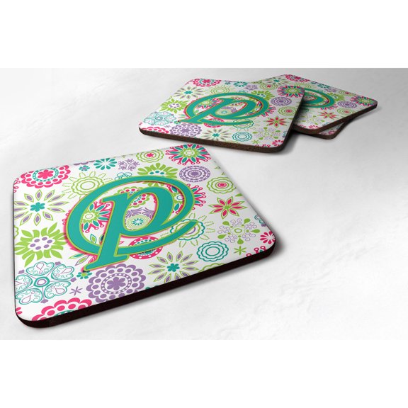 Letter P Flowers Pink Teal Green Initial Foam Coaster Set of 4