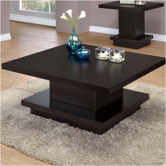 JERFIT Modern Cappuccino Square Coffee Table with Shelf, Wood Accent Table for Living Room