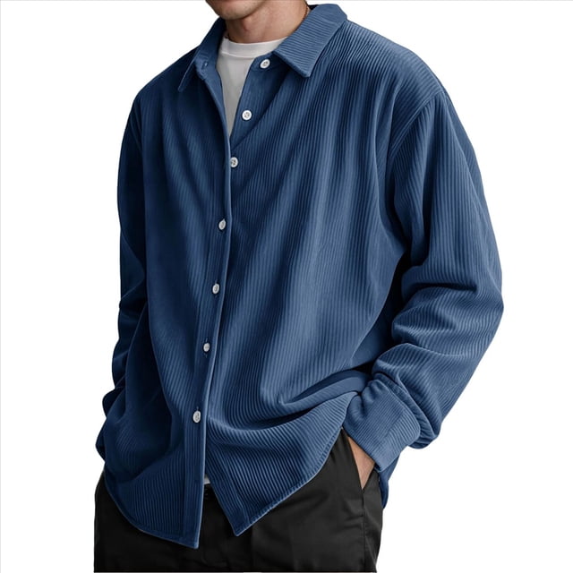 Camisa de para Hombre, de Larga, con Solapa y Botones, Informal, Antiarrugas, para Trabajo Azul Marino 4XL