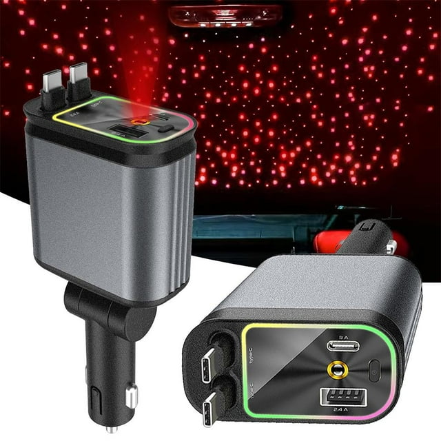 Universal 4-in-1 Retractable Car Charger with 80cm Dual Cables Type-C and L 100W Fast Charging for Phones Tablets Laptops