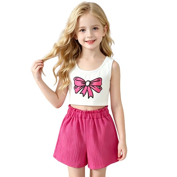 lnmuld Girls 2 Piece Summer Outfit Bow Print Crop Tank Top and Ribbed Shorts Set Size:11-12 Years