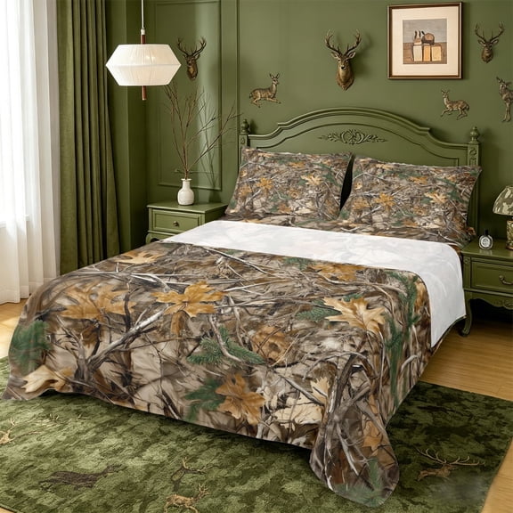 meiyoeat Neutral Camouflage Pattern Queen Sheets,Retro Camo Hunting Queen Sheet Sets For Men Women,4-Piece