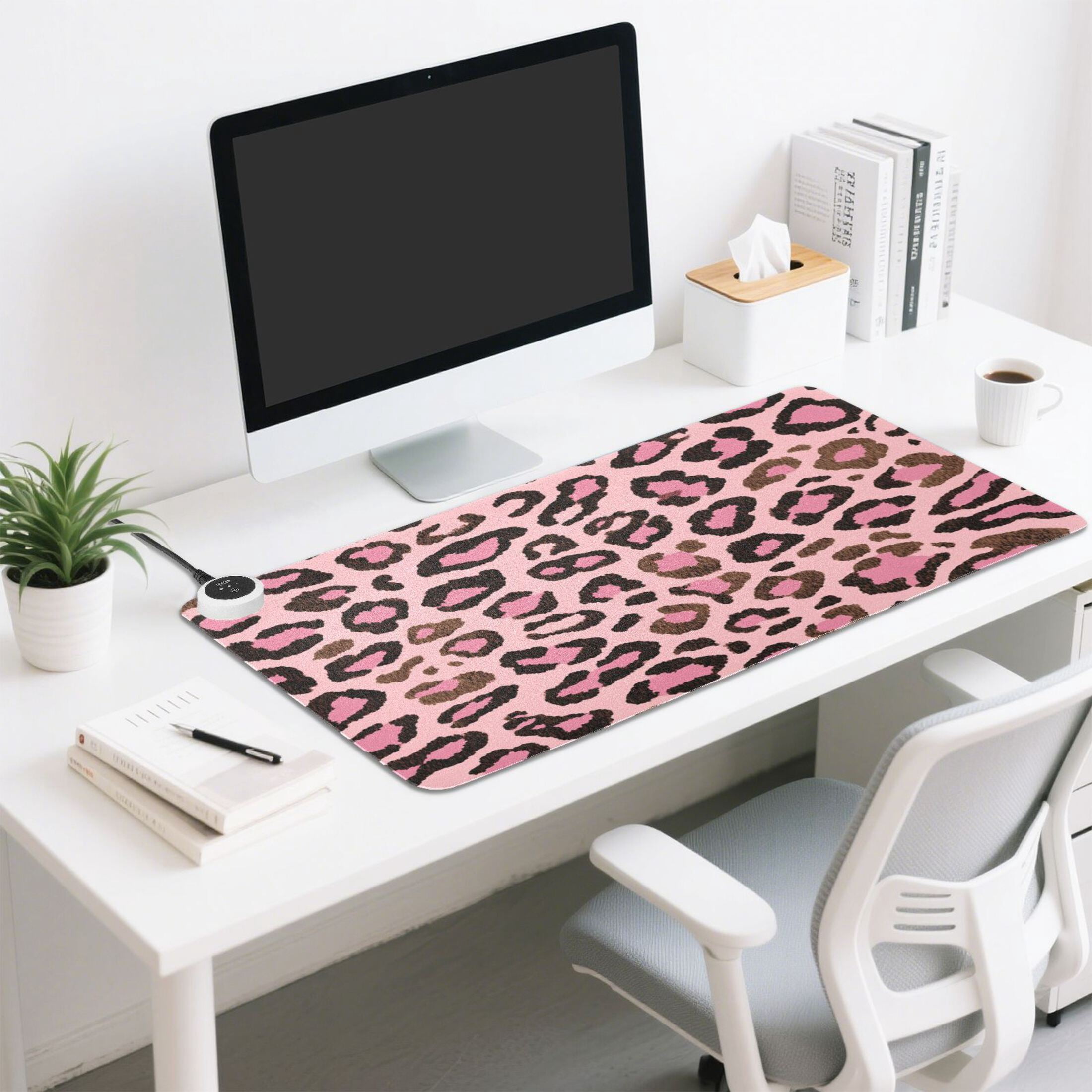 Large Heated Desk Mat Mouse Pad 31.5"x13"PU Leather Graphene Heating Desk Warmer with 3 Temperature Settings 110V US Plug Non-Slip Warm Pad for Home, Office, and Gaming Brushstroke Pink Cheetah Print
