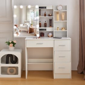 Ciumeeo Vanity Desk with LED Lights and Sliding Mirror Makeup Vanity Table with 4 Drawers for Bedroom, White