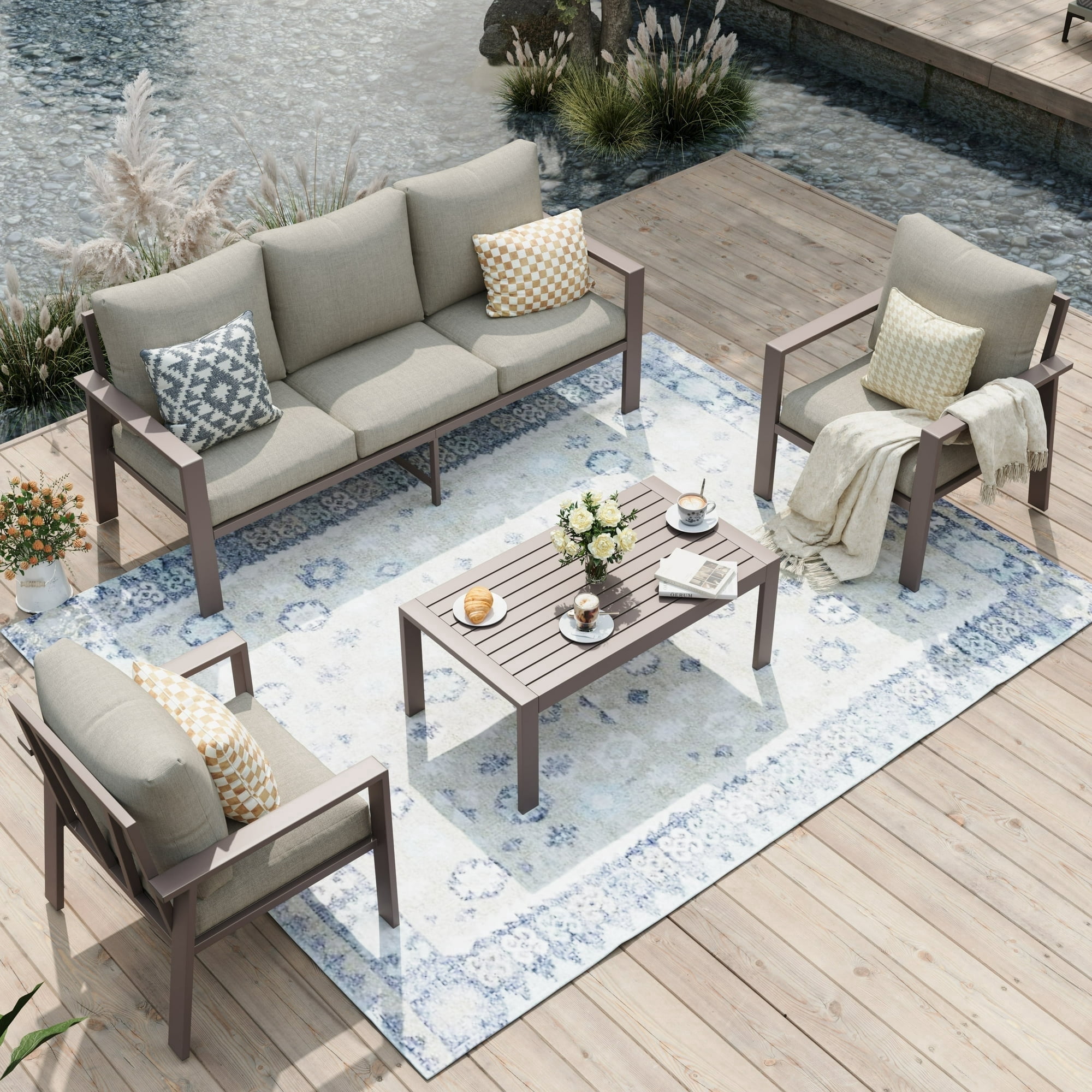 UDPATIO Aluminum Patio Furniture Set, Contemporary Outdoor Couch Set, Aluminum Patio Conversation Set, Beige