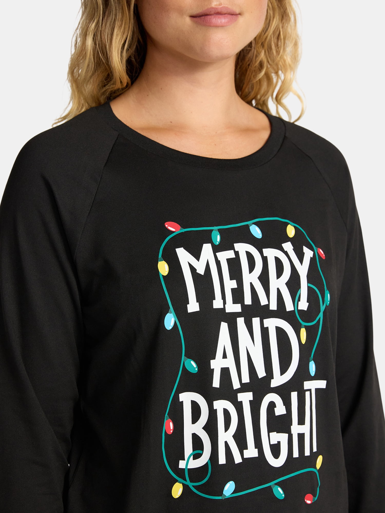 Holiday Time Women's Matching Family Pajamas Merry and Bright Top and Pants Set, 2-Piece, Sizes S-3X