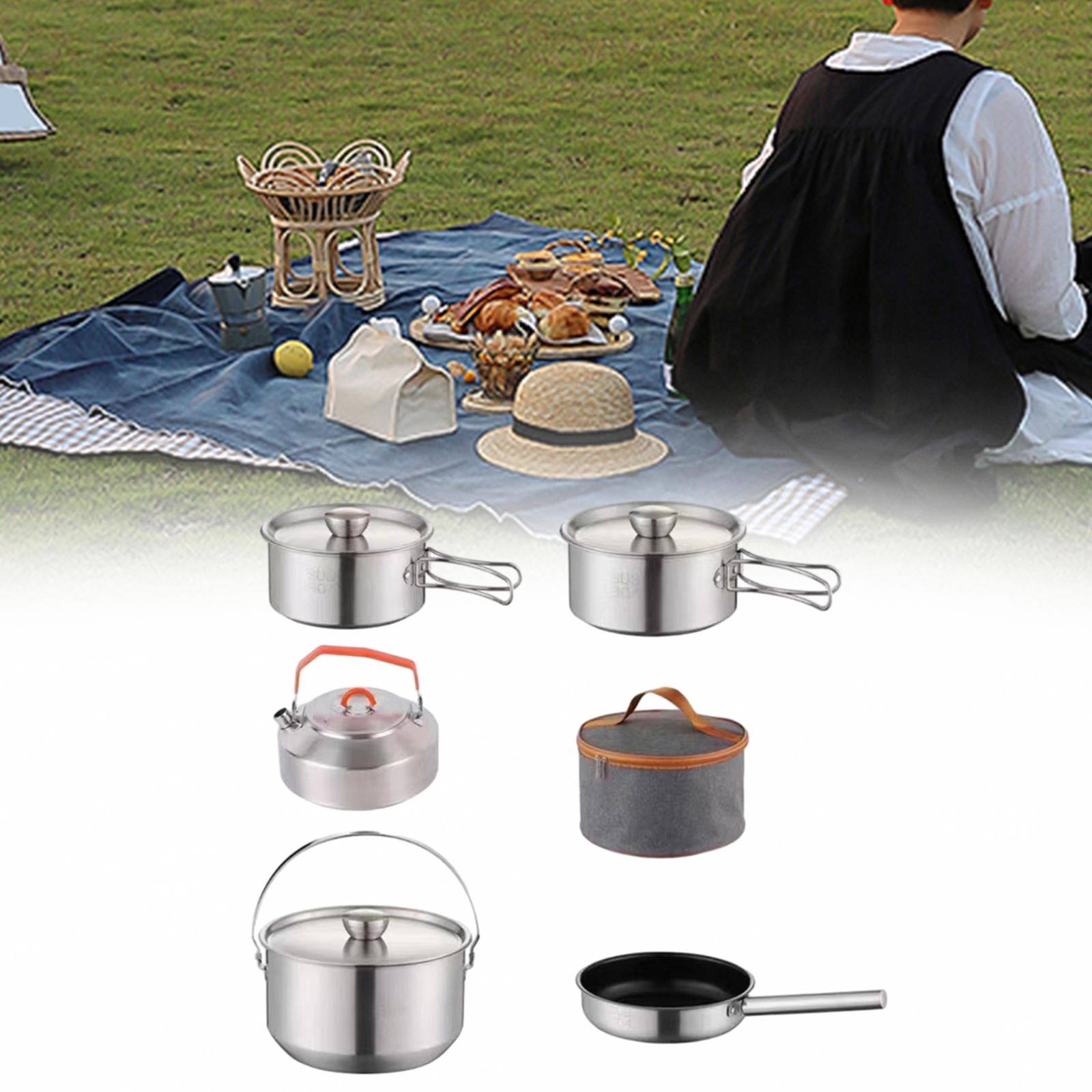 Wswqop Camping Cookware Kit Stainless Steel Portable Utensils Tableware Cooking Set for with kettle