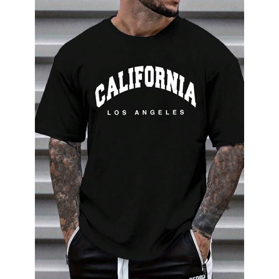 Men Summer "Los Angeles California"Letter Printed Round Neck Short Sleeve Casual T-Shirt