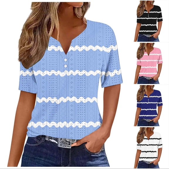 YHAJDS Womens Half Sleeve Tops Short Sleeve V Neck Button Down Abstract Print Tee Casual Blouse