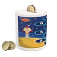 thumbnail image 2 of Cartoon Activity Piggy Bank, Activity Hopscotch Game in Space Science Fiction Themed, Ceramic Coin Bank Money Box for Cash Saving, 3.6" X 3.2", Multicolor, by Ambesonne, 2 of 4