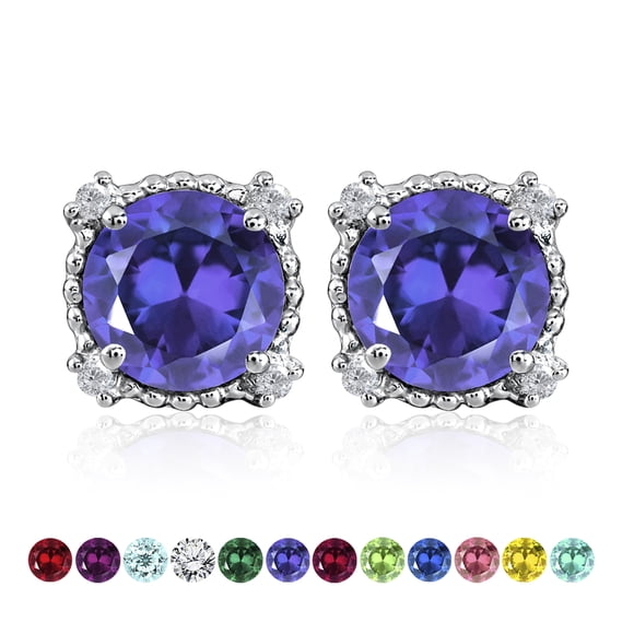 JeenMata 3.5 Carat Round Cut - June Stud Earrings - with Crystal Made with Swarovski Halo Milgrain in 18K White Gold Plating for Women