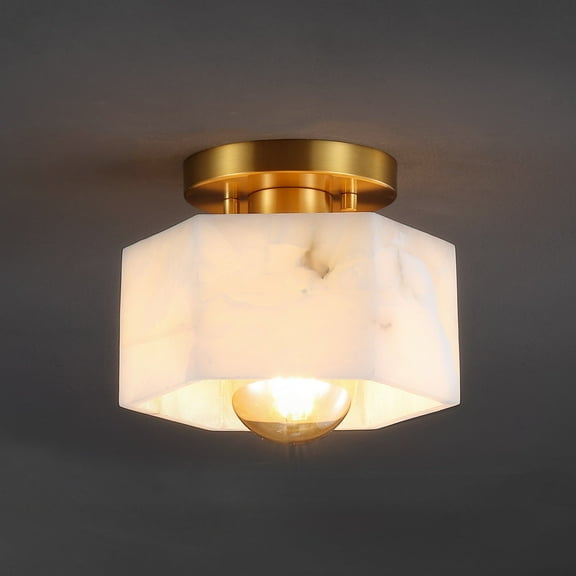 JONATHAN Y Tessa 8" 1-Light Modern Contemporary Alabaster/Iron Hexagonal LED Semi Flush Mount, White Marbling/Brass Gold