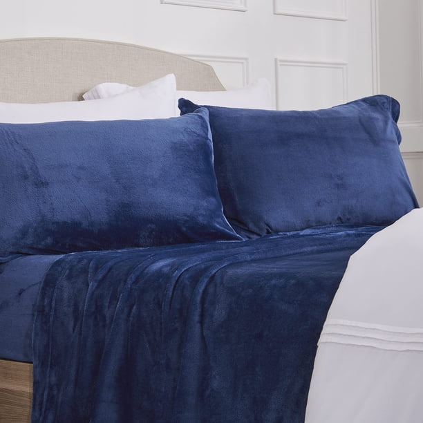 Juego de sábanas NY Loft de microforro polar ultrasuave, doble, azul marino