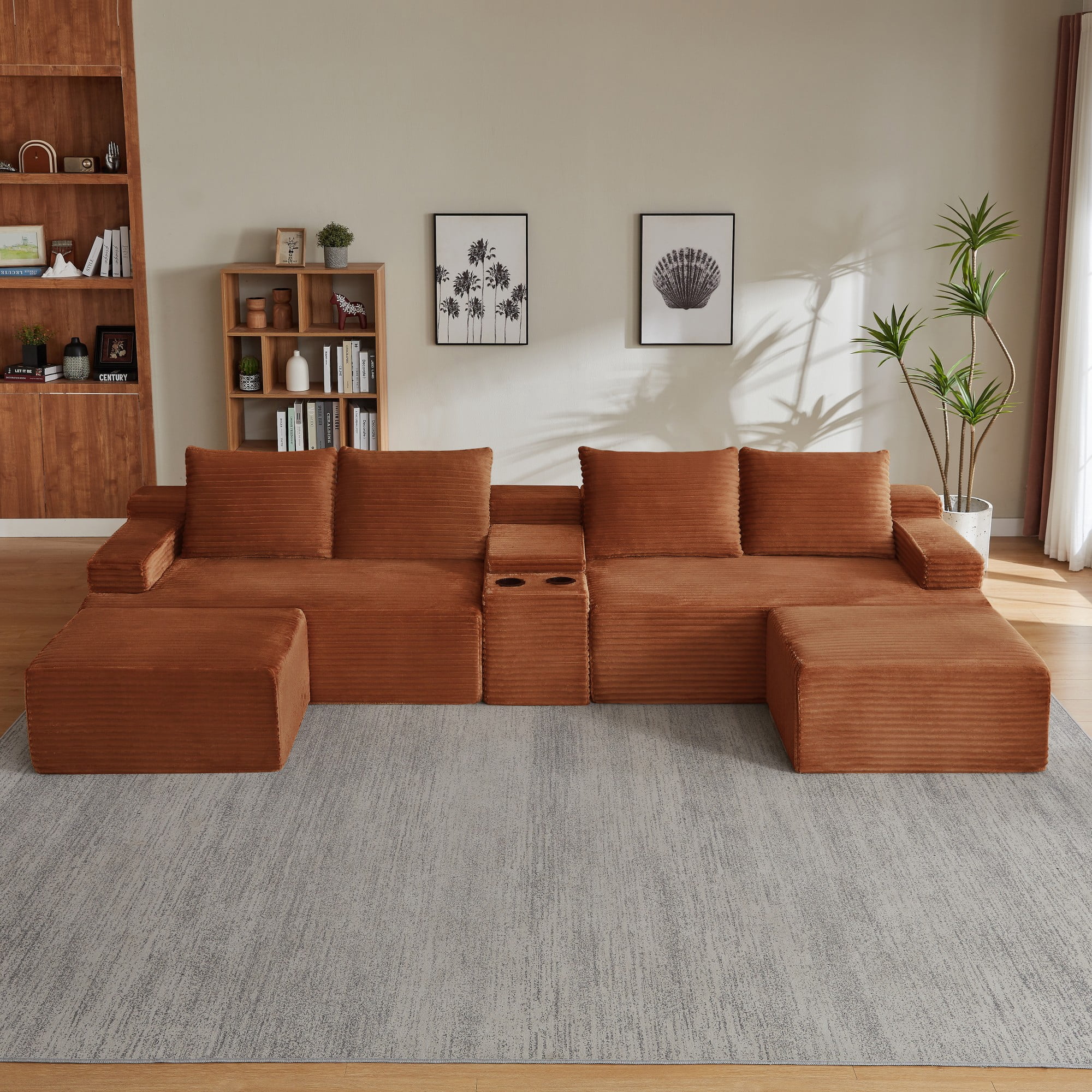 BSHTI 140.6" 5-Seat Corduroy U Shape Sectional Sofa with Cup Holder, Modular Design, No Assembly for Living Room（Orange）