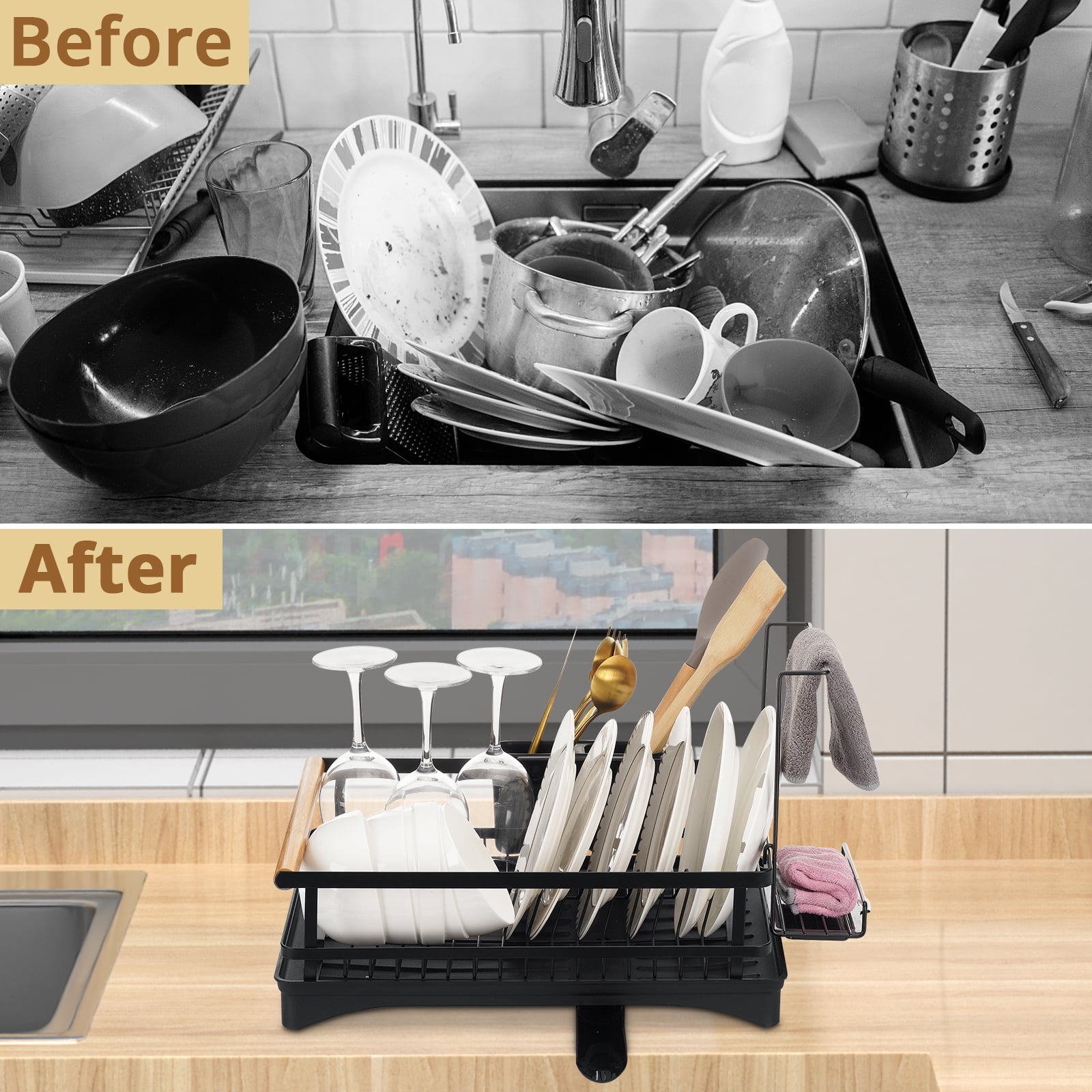 Dish Drying Rack, Dish Drainers for Kitchen Counter Dish Rack with Dishcloth Holder Kitchen Drying Rack 16L * 12W inches, Black