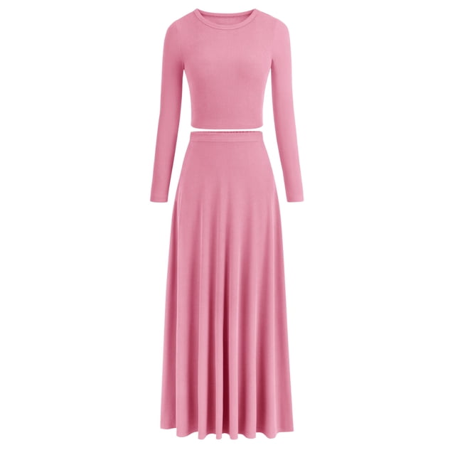Conjunto de 2 Piezas PRETTYGARDEN Vestido de Punto Acanalado Mediano Rosa