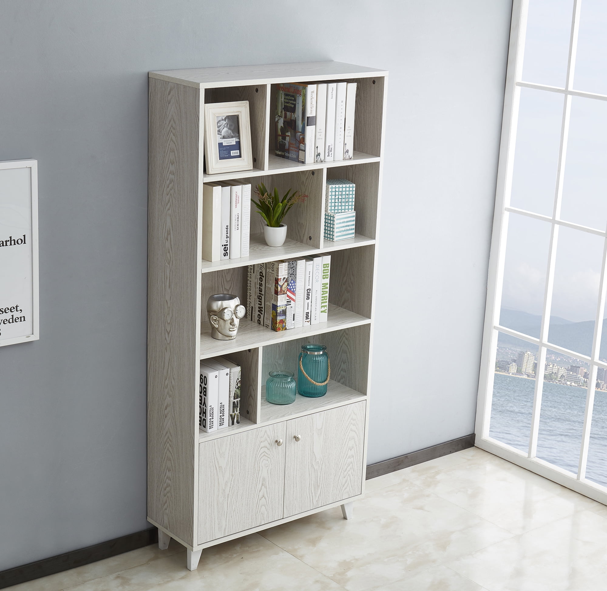 Private Jungle Modern Bookcase with 2 Doors 68" Tall Storage Wooden Bookshelf with 7 Compartments for Home Office,White Private Jungle Modern Bookcase with 2 Doors 68" Tall Storage Wooden Bookshelf with 7 Compartments for Home Office,White