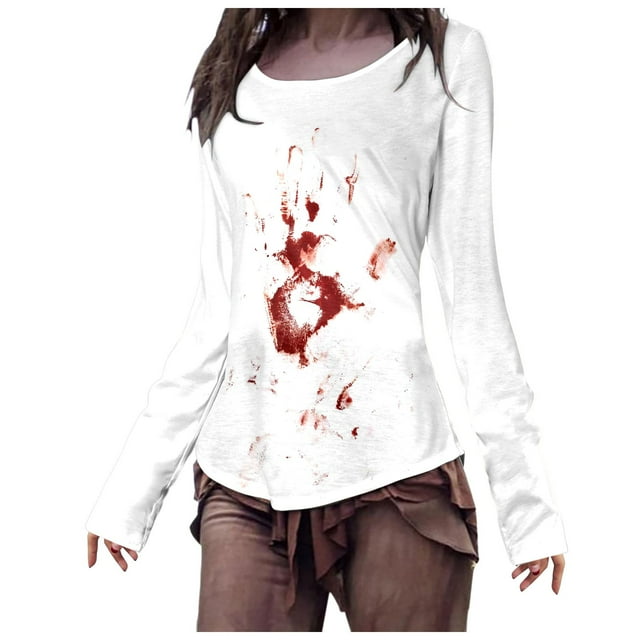 SNKSDGM Hauts à Manches Longues pour Femmes Été Grande Taille Hauts à Manches Longues pour Femmes Blanc Haut Ajusté pour Femme T-Shirt à Manches Longues à Imprimé Halloween L