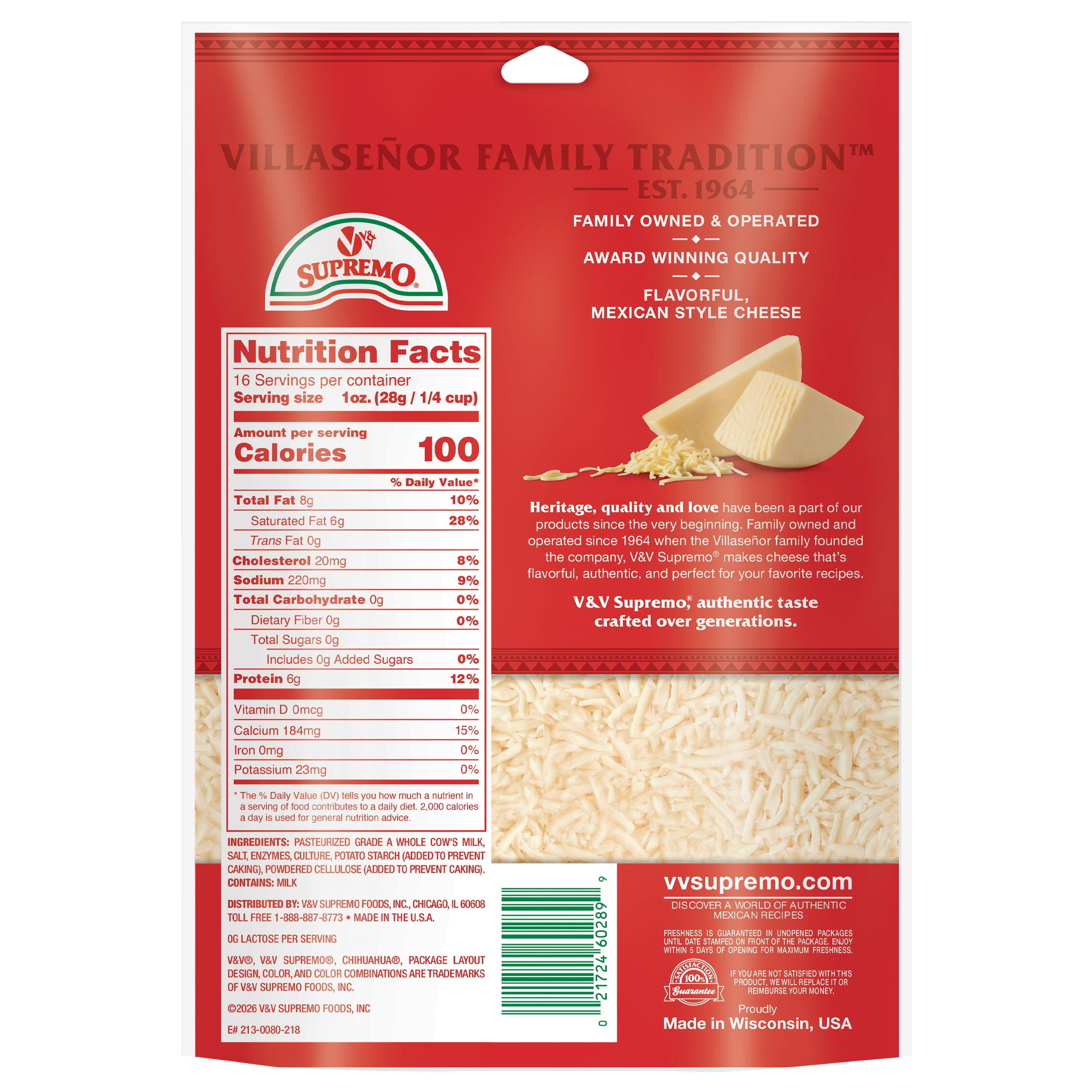 V&V Supremo Shredded Chihuahua Authentic Mexican Style Quesadilla Cheese, Gluten-Free, 16 oz, Refrigerated