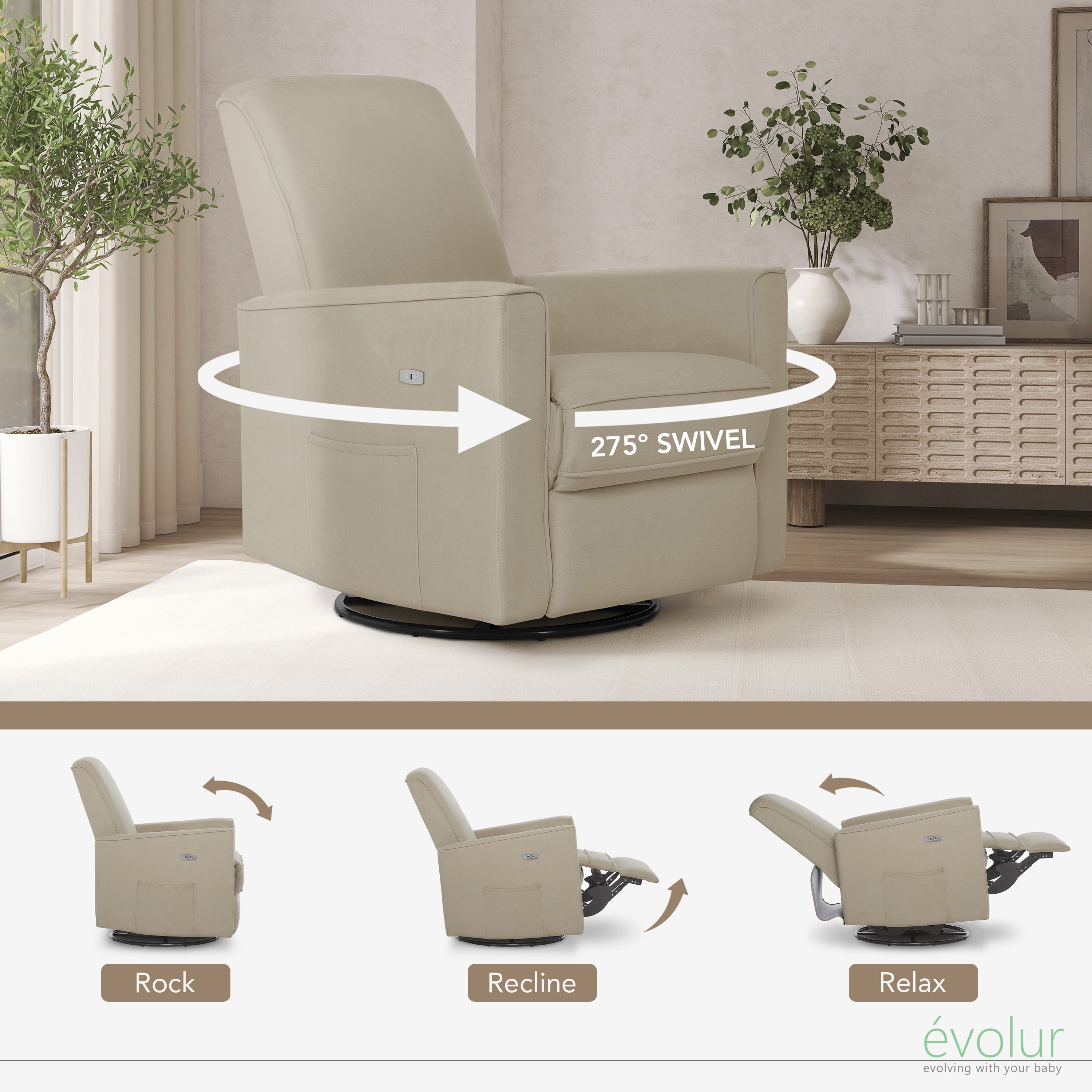 Free Shipping Evolur Harlow Power Recliner Glide Rocker with USB Port Fawn Greenguard Gold Certified Walmart