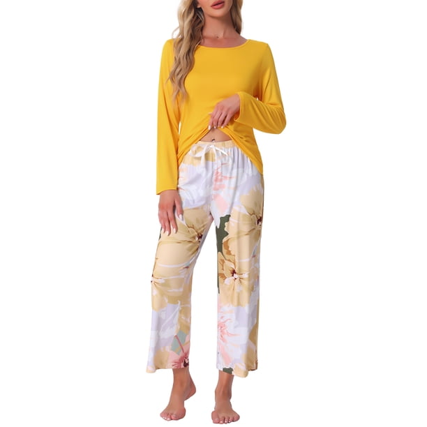 Conjunto de lounge para mujeres INSPIRE CHIC, camiseta de manga larga con capri floral, sets de pijama suaves y elásticos, 2 piezas, ropa de casa, S, amarillo