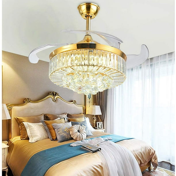 FETCOI 42 Inch Gold Crystal Ceiling Fan Lights with Remote Control,Ceiling Fan Chandelier LED