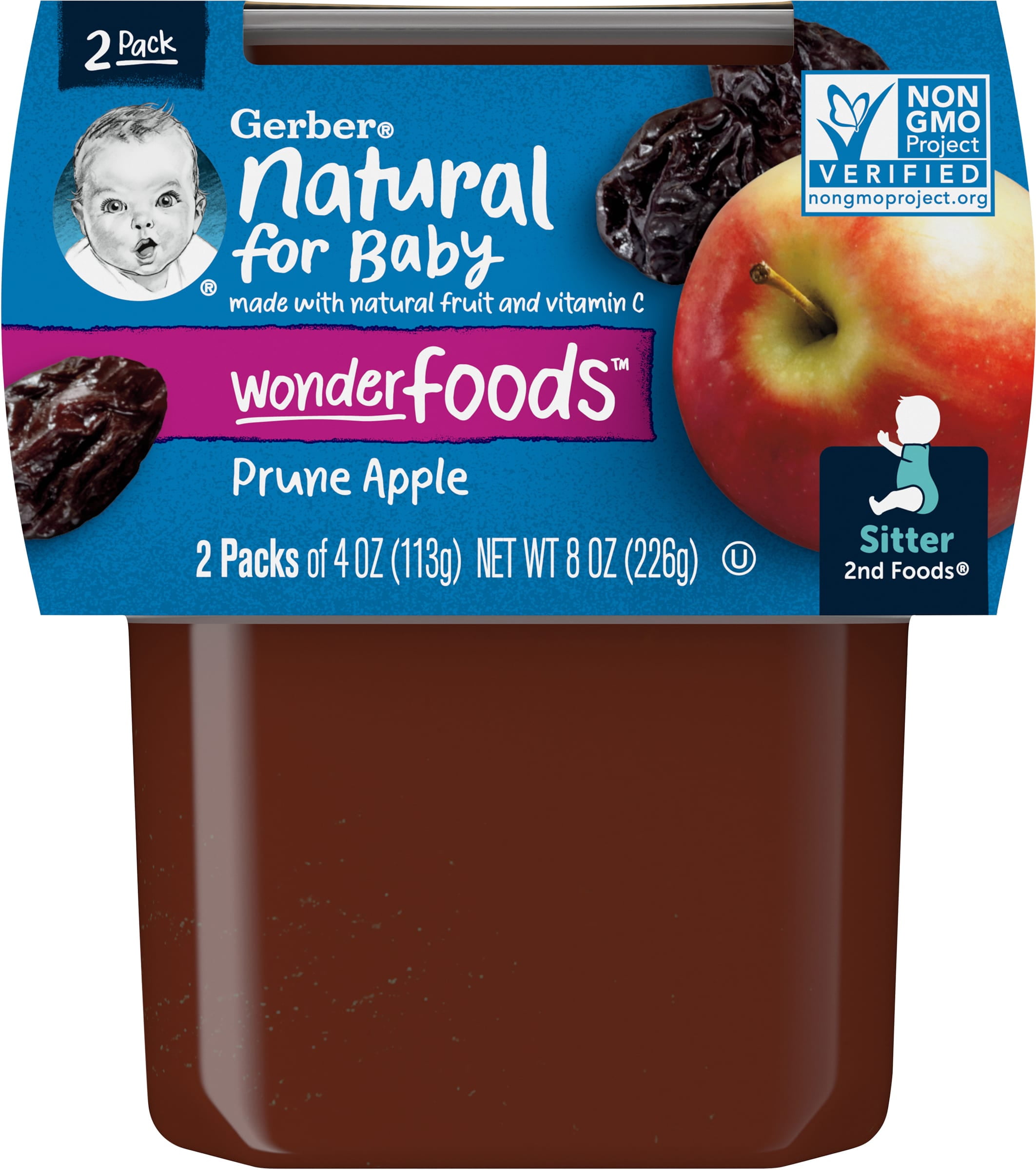 Gerber 2nd Foods Natural for Baby WonderFoods Baby Food, Prune Apple, 4 oz Tubs (2 Pack)