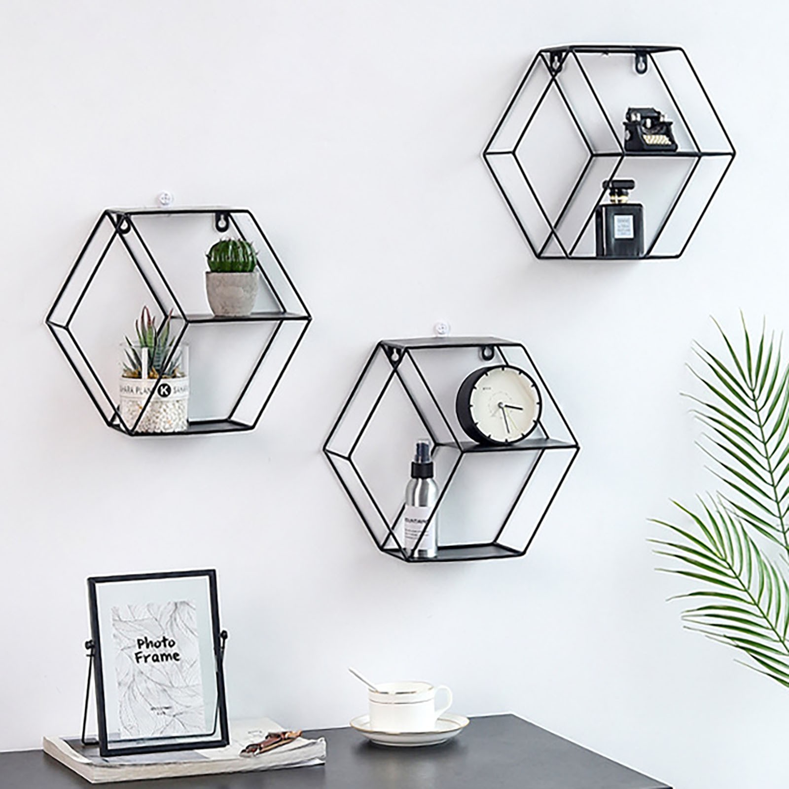Wall Mounted Floating Shelves Rustic Round Storage Display Hexagonal Wall Hanging Shelf Home Decor for Living Room, Bedroom, Bathroom, Office, Kitchen, Black
