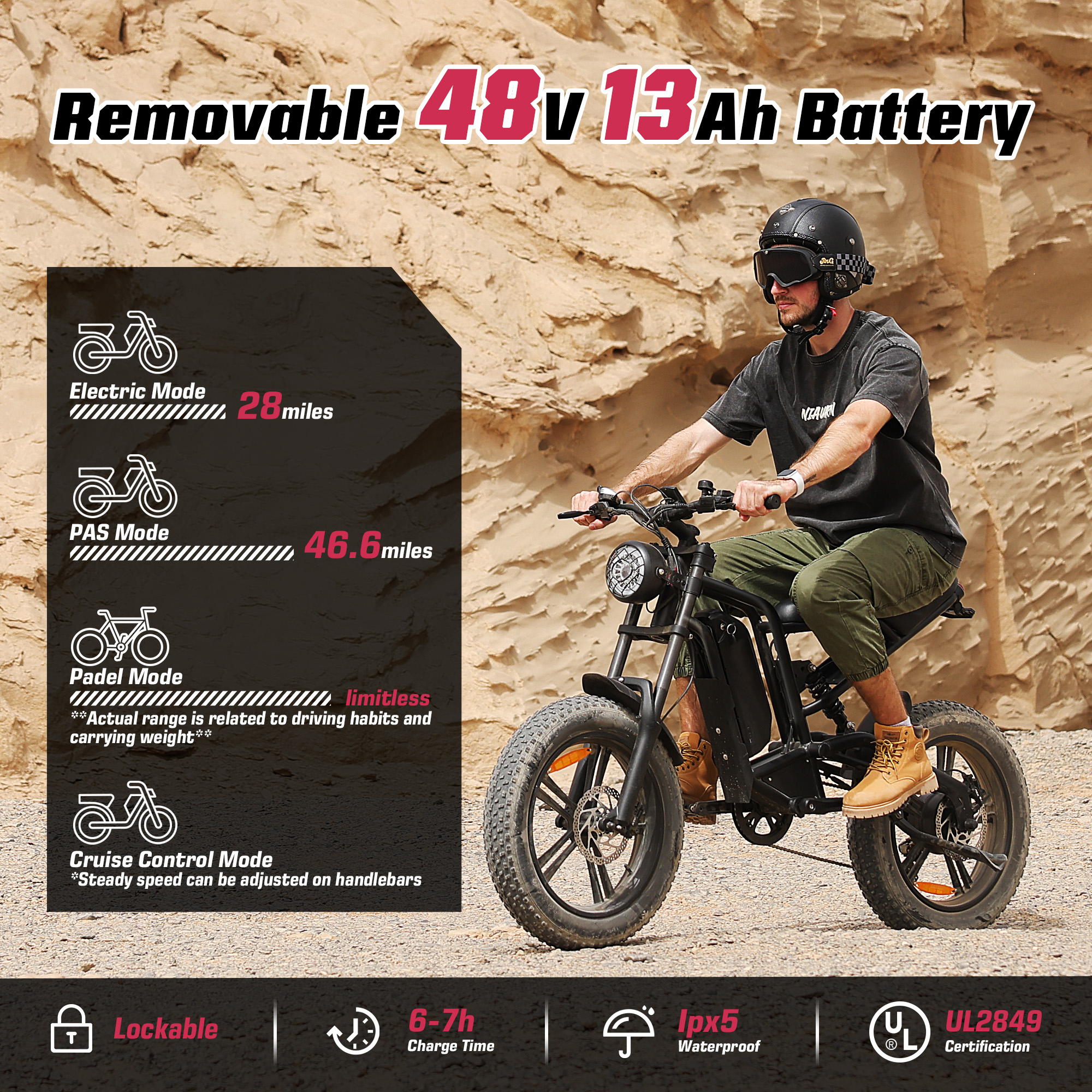 Windone750W Ebike with 48V13Ah Removable Battery,Up to 28MPH&46.6Miles,Full Suspension,Cruise Control,UL Certified,Moped All-Terrain 20" Fat Tire Electric Bike for Adults