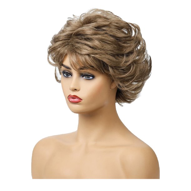 Peluca de pelo rizado con flequillo corto y oblicuo de fibra química, elegante accesorio para la cabeza para mujer y niña (como se muestra)