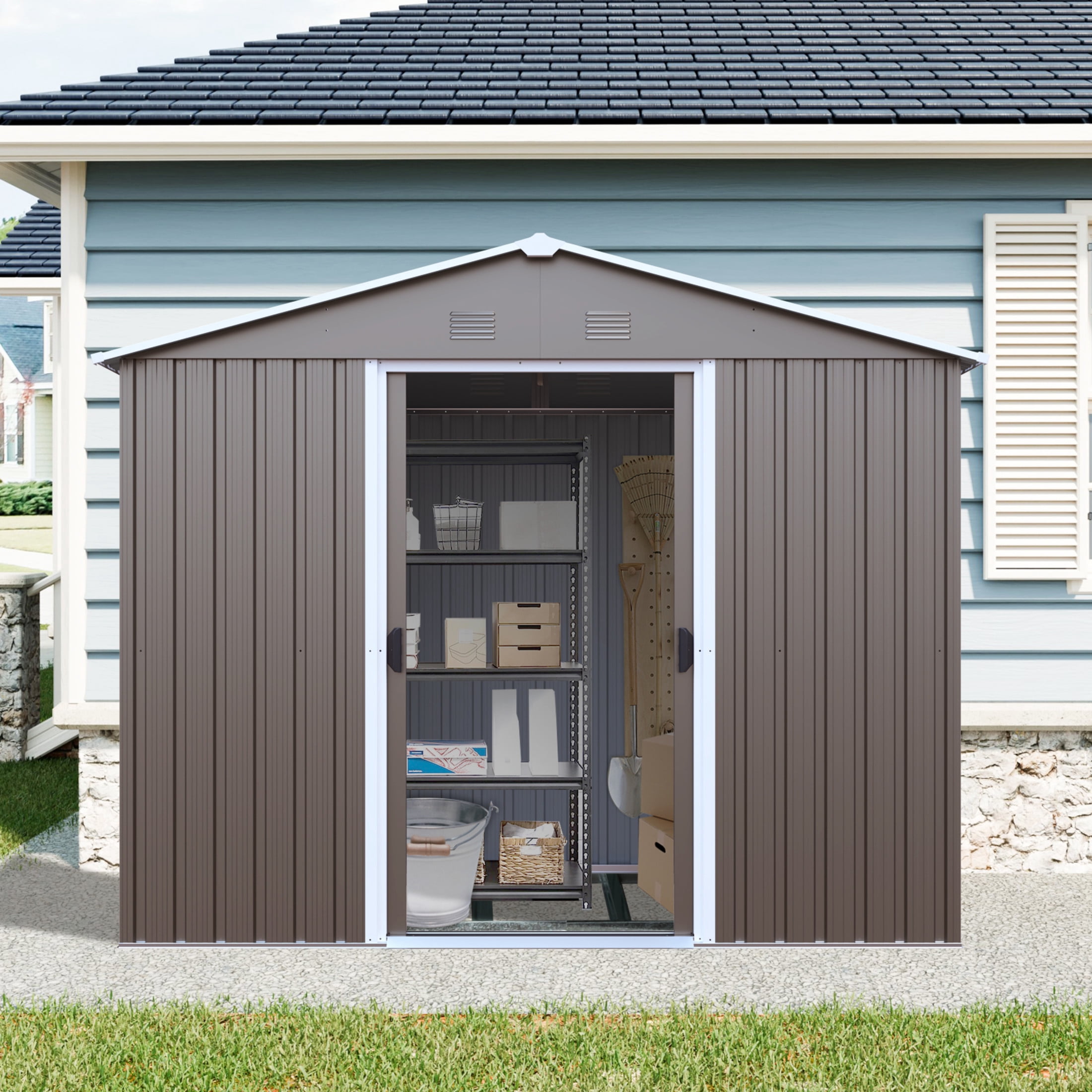 Noble House 8x4 FT Outdoor Metal Storage Shed with Window, Galvanized Steel Garden Organizer Kit with Foundation, Gray