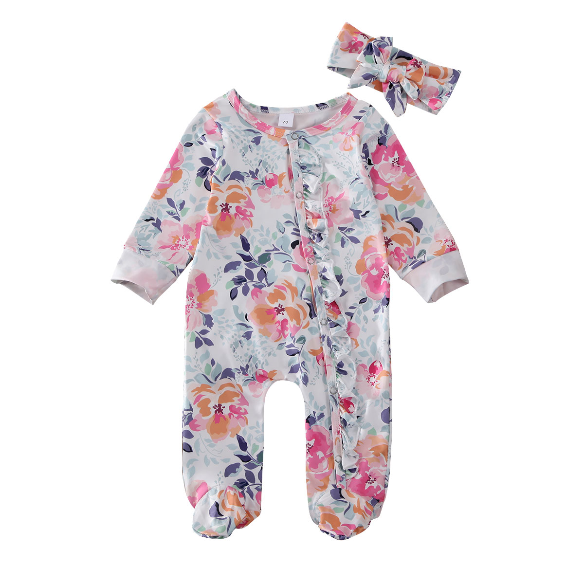 Carolily Finery Carolilly Infant Newborn Baby Girl Lotus Leaf Printed One Piece With Feet Covered Romper Jumpsuit Headband 2pcs Bodysuits Walmart Com Walmart Com