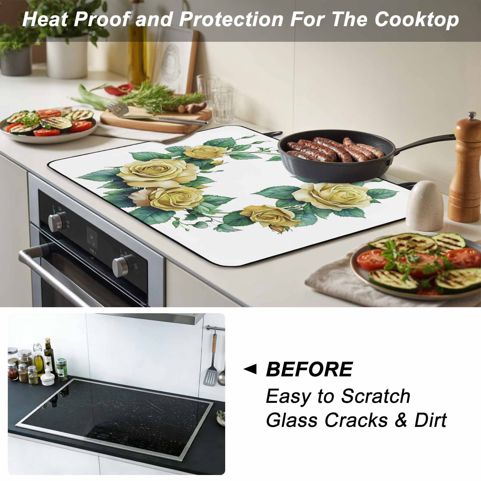 Yellow Rose Stove Top Cover for Electric Stove, Heat-proof & Non Slip Glass Top Stove Cover Protector, Flower Floral Spring Watercolor Green Leaf Kitchen Flat Cooktop Rubber Mat 24x21 Inches