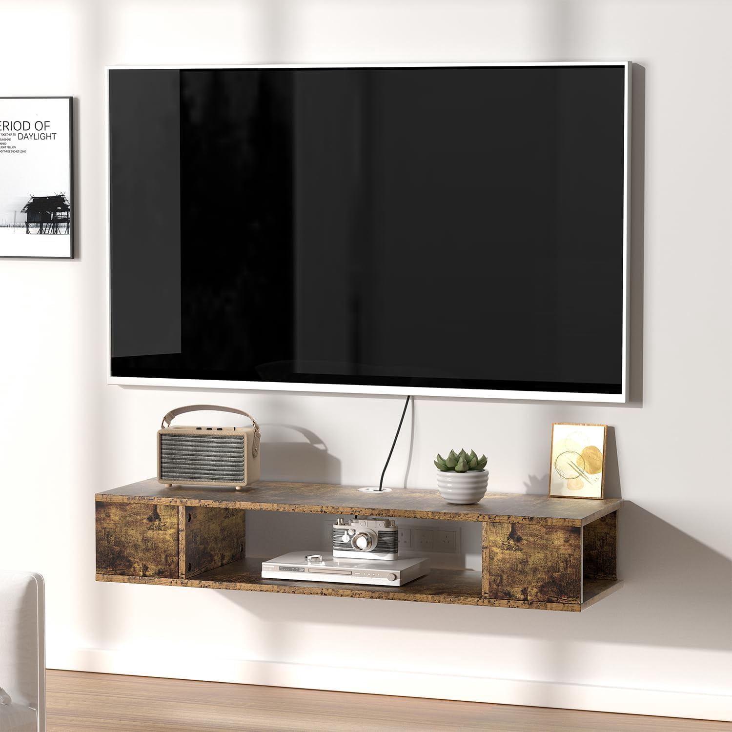 Floating TV Stand, Wall Mounted Entertainment Center and Cabinet Shelf, TV Console with Storage, Media Console for DVD Player, Space-Saving Under TV Shelf for Bedroom (Rustic Brown)
