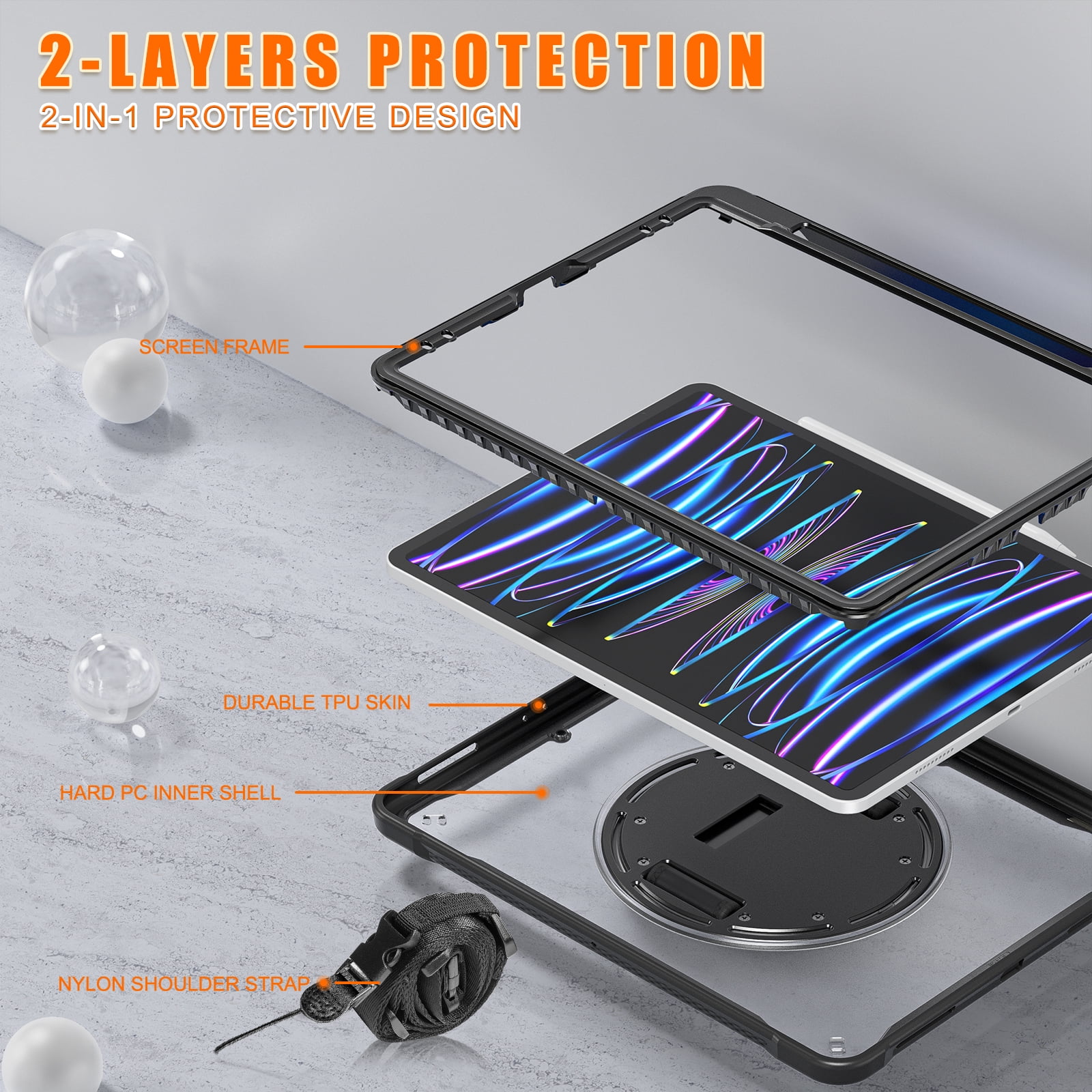 Dteck Case for iPad Pro 12.9-inch 3rd/4th/5th/6th Generation (2018/2020/2021/2022),Military Grade Shockproof Silicone Cover 360° Rotatable Stand- Shoulder Strap- Handle- Pencil Holder,Black