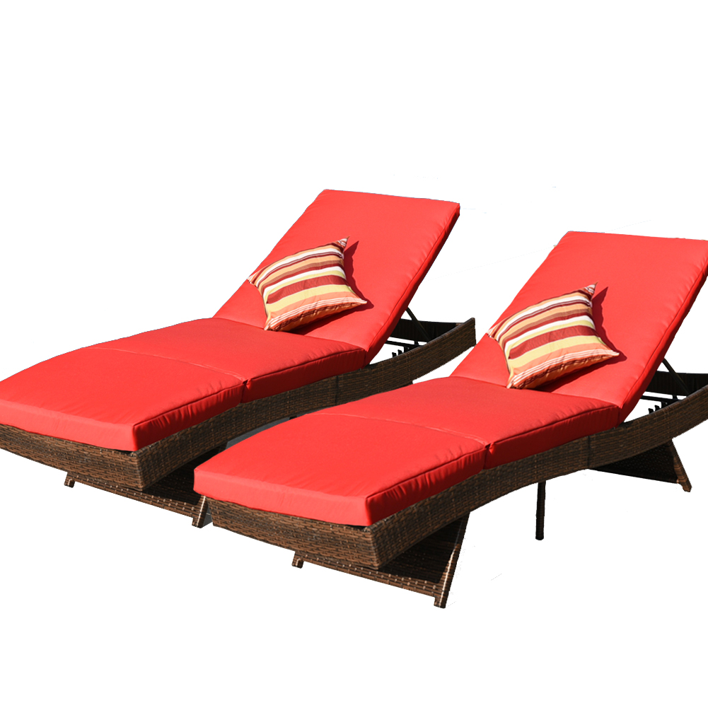 Set of 2 Patio Outdoor Adjustable Resin Wicker Long Chaise Lounge Chair Set with Cushions and 2 Throw Pillows (Red) - image 5 of 8