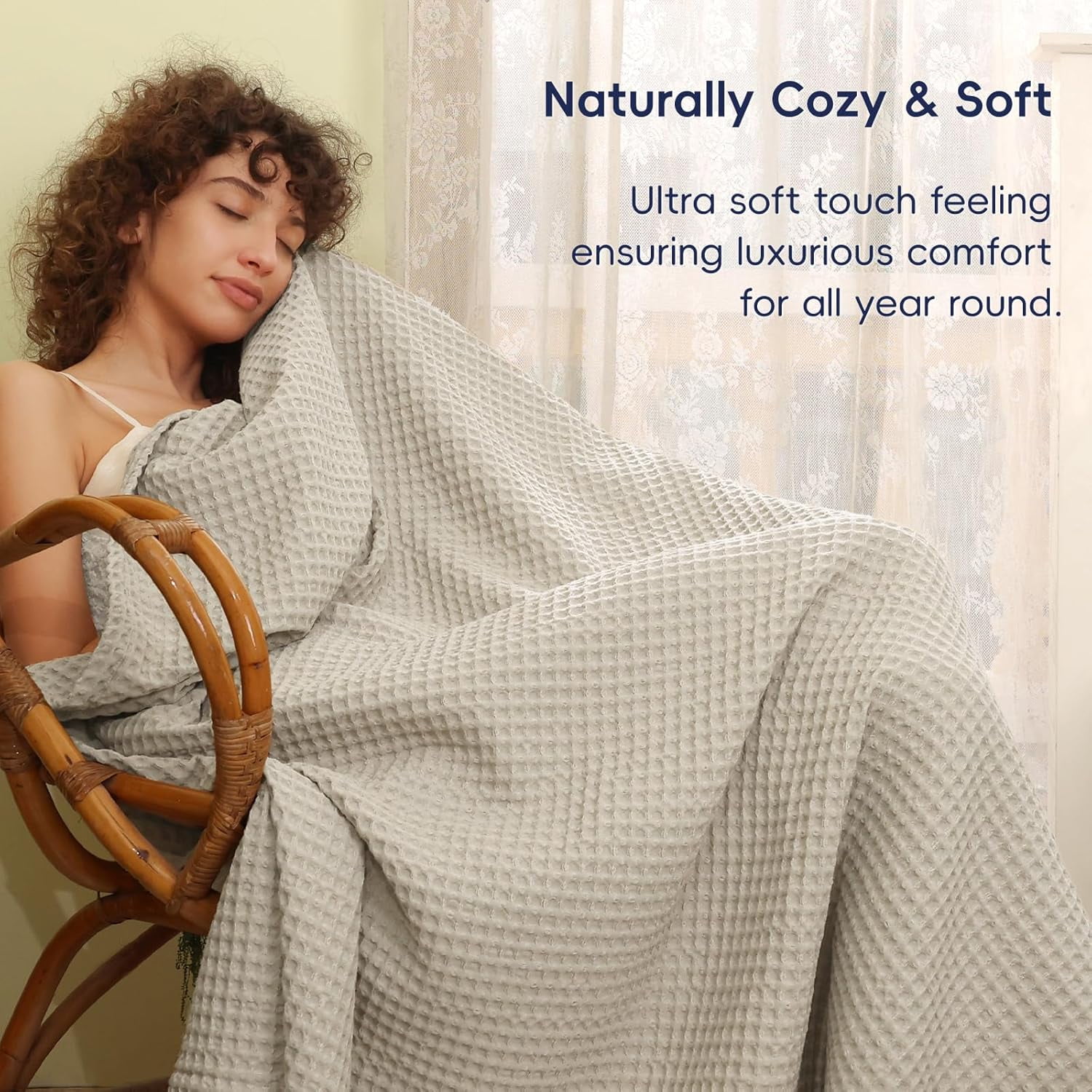 PHF Ultra Soft Waffle Weave Blanket Queen Size, Washed Lightweight Summer Breathable Blankets for Hot Sleeper, Linen, 90x90 inches
