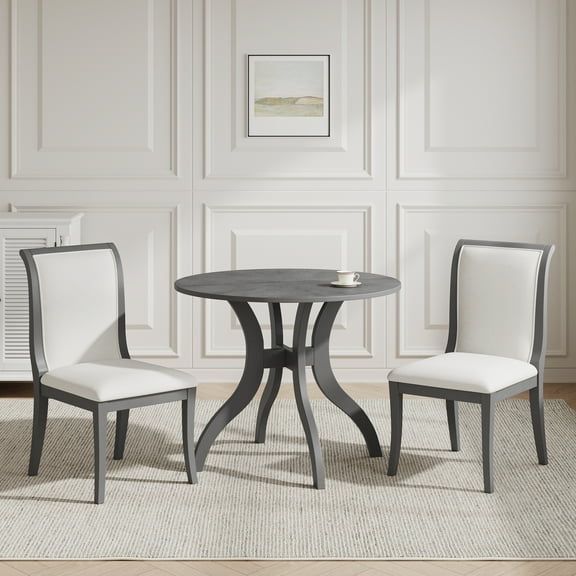 Kitchen Sets, Oak Gray Dining Table Set:39.4" Round Table 2 Chairs - Traditional Solid Wood Kitchen Set with Inlaid Tabletop, Elegant Curved Legs for Dining Room, Grey,Linen Dining Sets