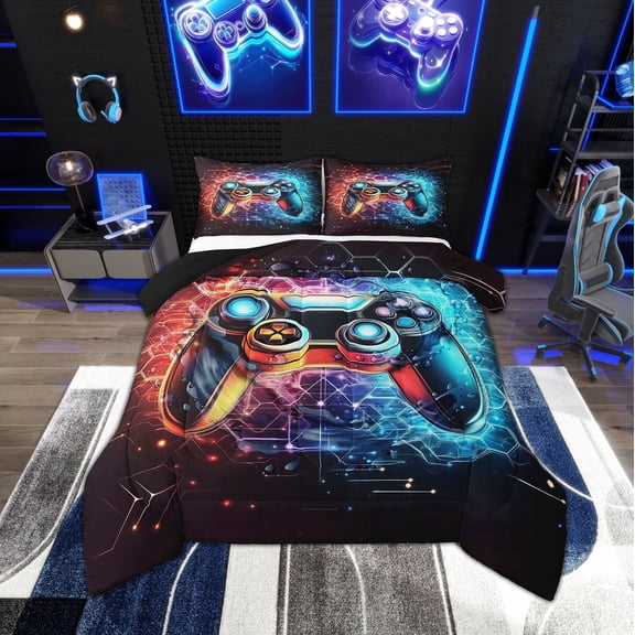 Erosebridal Teenager Gamepads Bedding Twin Comforter Set,Video Game Down Comforter,Hexagon Honeycomb Bedding Sets Twin with Comforter,Breathable Geometric Bedroom Decoration,Reversible,2-Piece