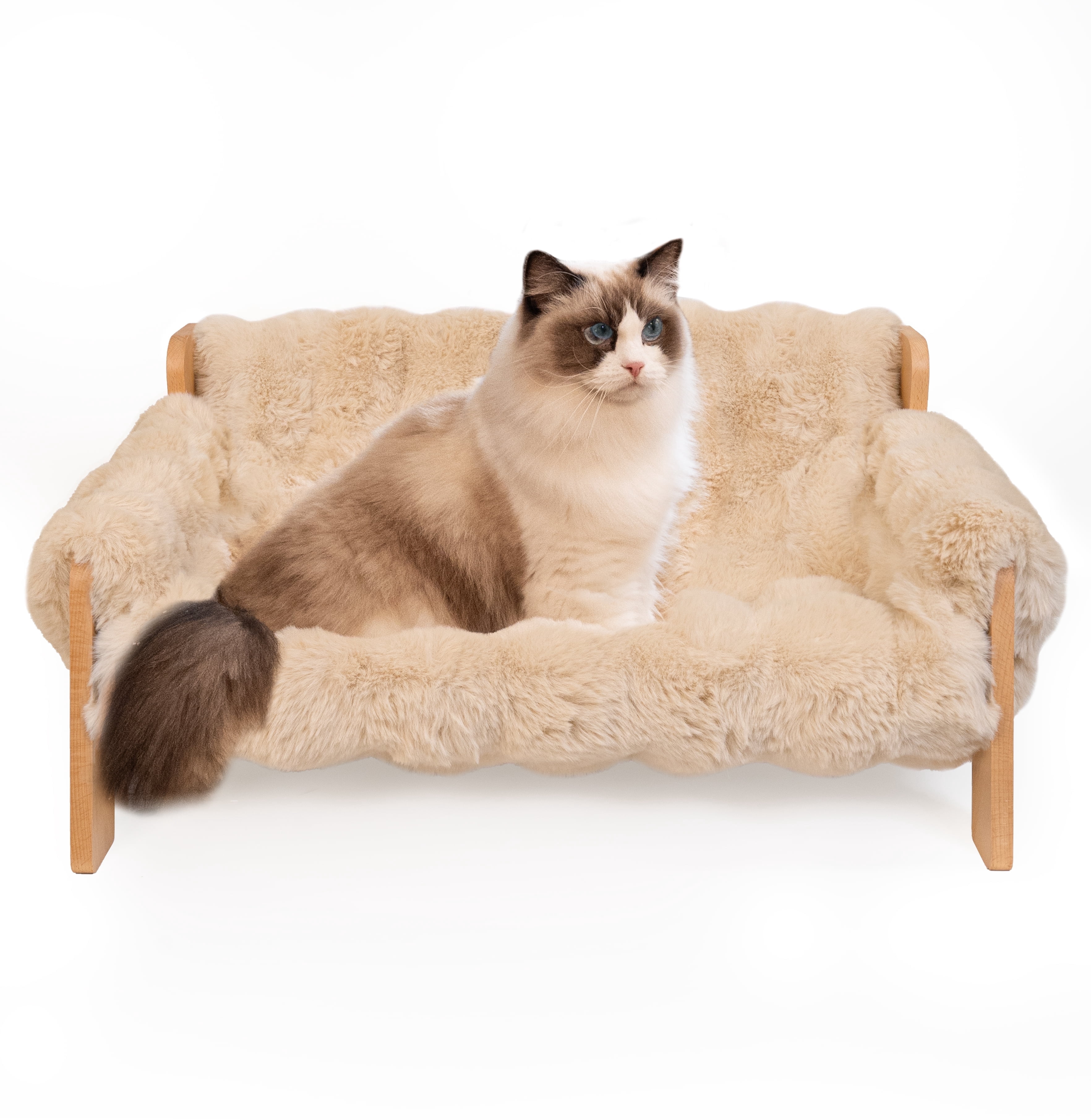 CheerPals Elevated Cat Couch Bed, Wooden Cats Sofa with Removable Washable Fluffy Cover Raised Kitty Lounge Chair Suitable for Puppy(Khaki)