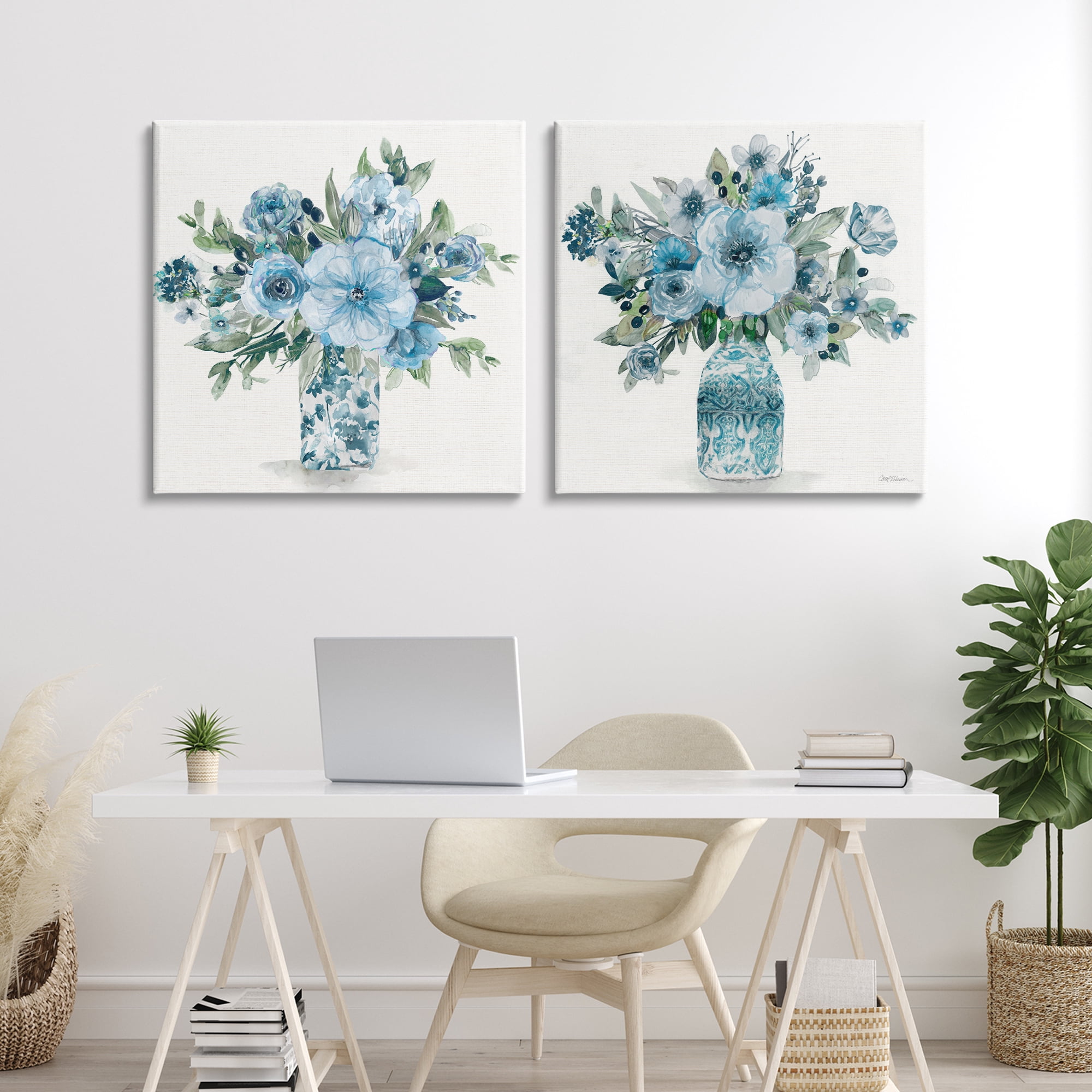 Stupell Industries Pastel Blue Floral Vase Arrangements 2 Piece Canvas Wall Art Set, design by Carol Robinson