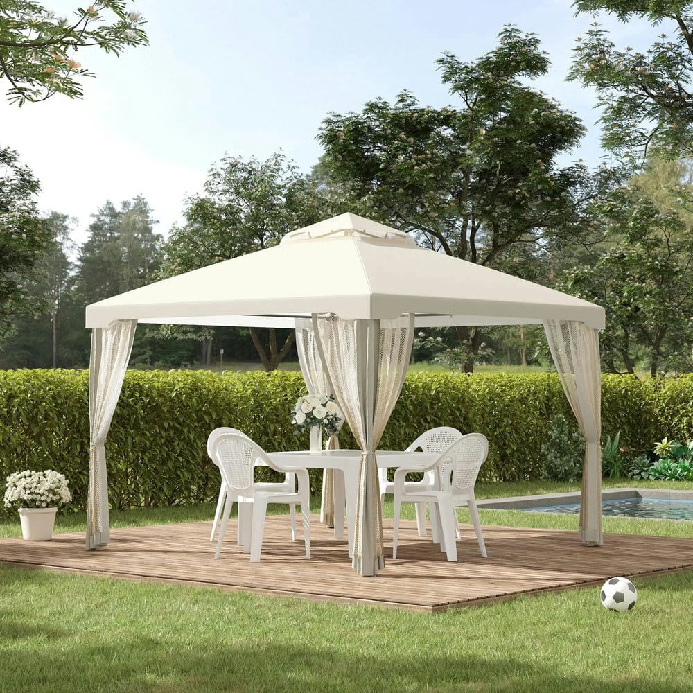 GVN Patio Garden Pergola, Pergola Canopy,9.6' x 9.6' Patio Gazebo, Outdoor Canopy Shelter with 2-Tier Roof and Netting, Cream White