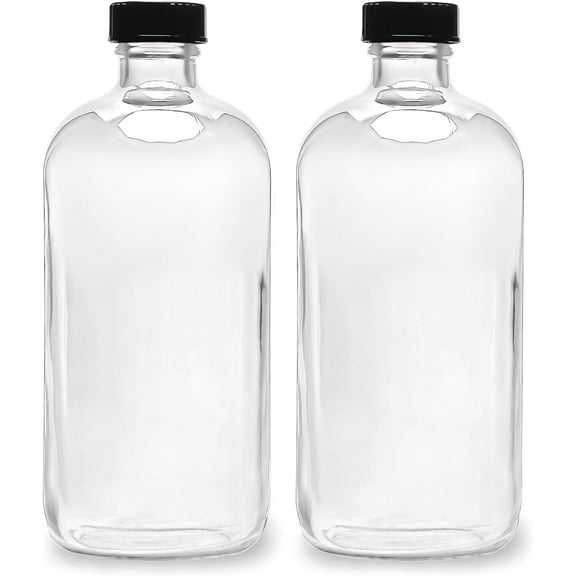(2 Pack) - 16 oz Clear Glass Bottles with Black 28-400 Airtight Phenolic Polycone Caps