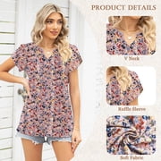 TEMOFON Blouses for Women Short Sleeve Tops Dressy Casual Summer Shirts V Neck T Shirts for Womens Clothes Floral Print Ruffle Sleeve Loose Fashion Eyelet Hollow Out Tee