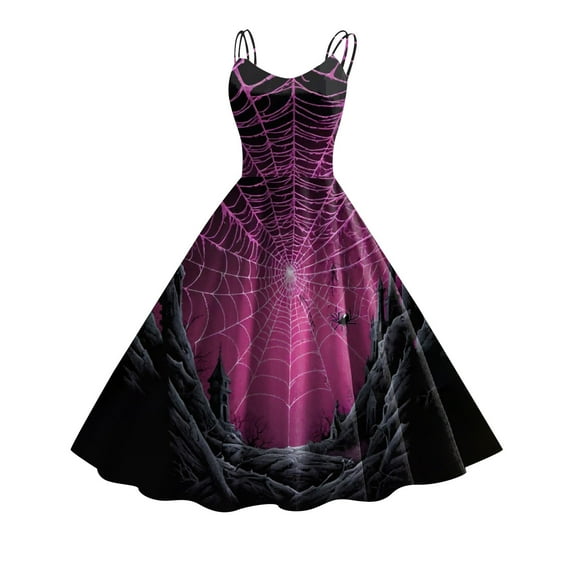Women Vintage Halloween Print Sleeveless 1950s Evening Swing Party Prom Dress