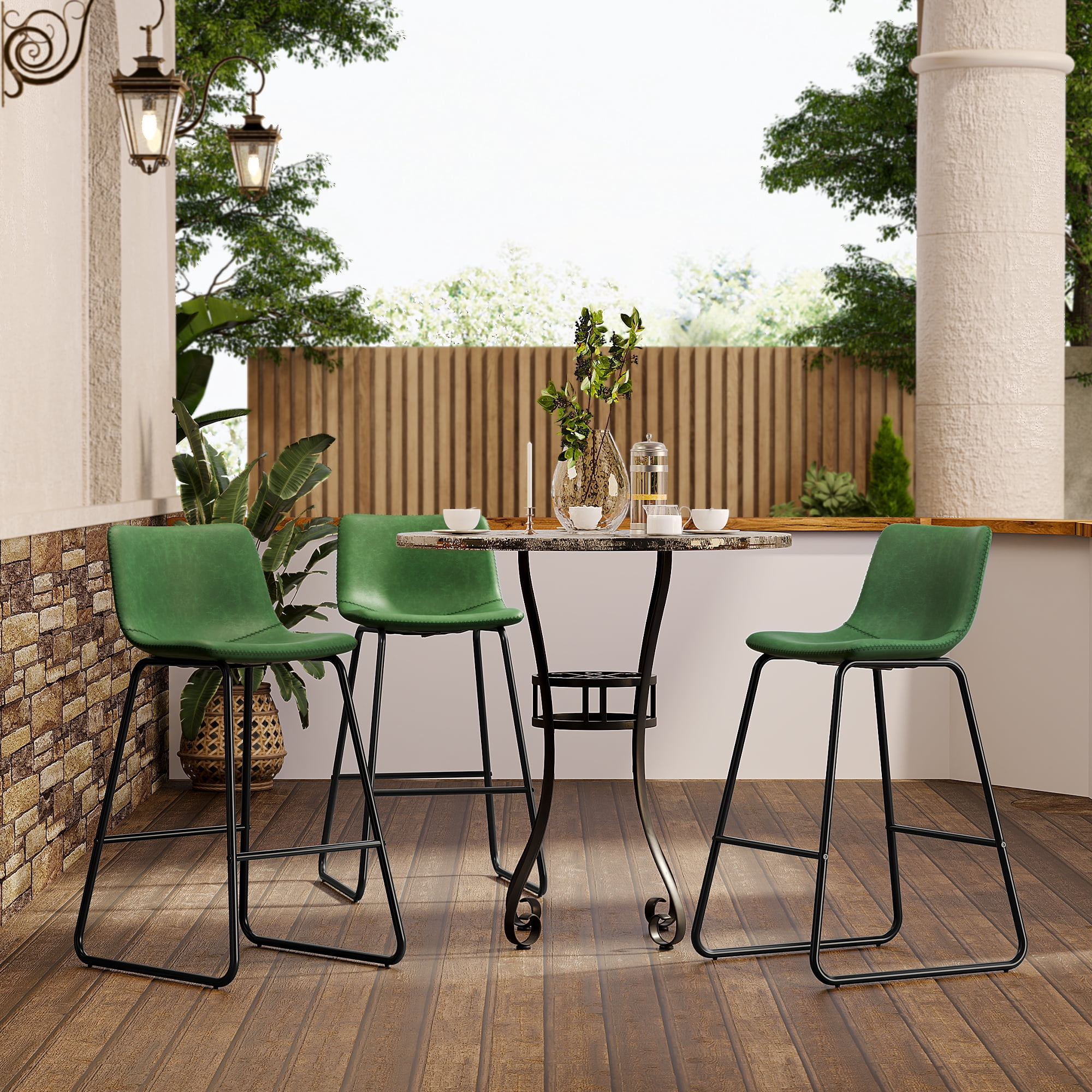 Aufeile 26" Counter Height Bar Stools Set of 3 – Modern Faux Leather Barstools with Back & Metal Legs, Kitchen Bar Chairs for Island, Dining Room, Green
