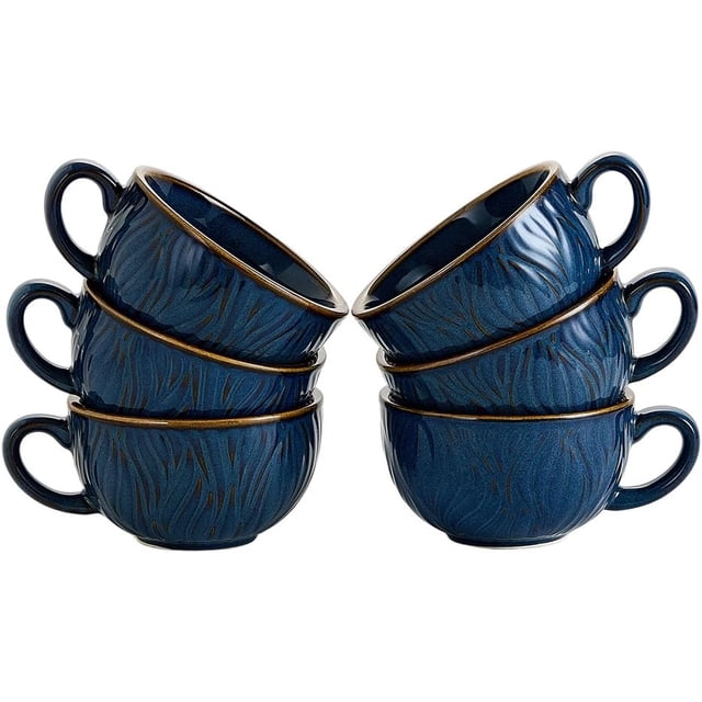 Juego de 6 tazas de café con diseño vintage, tazas de cerámica para barista profesional, juego de tazas de arte en café con leche y capuchino (azul onda)